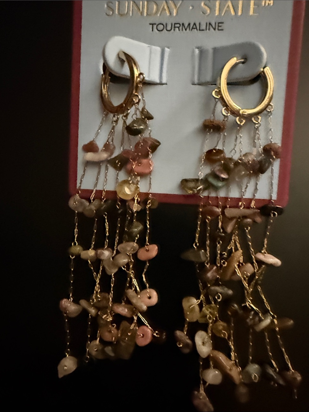 Tourmaline Dangle Hoop Earrings - Gold tone with Multicolor Tourmaline